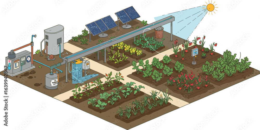 Obraz premium Sustainable garden with solar-powered irrigation system in isometric design