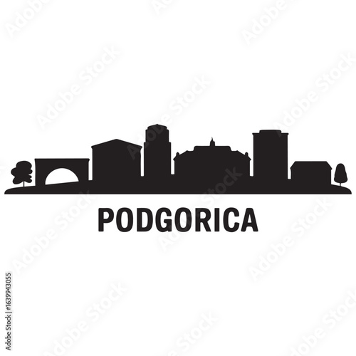 Podgorica skyline silhouette. Landscape Podgorica, Montenegro. Vector illustration. Vector black silhouette. with white background.