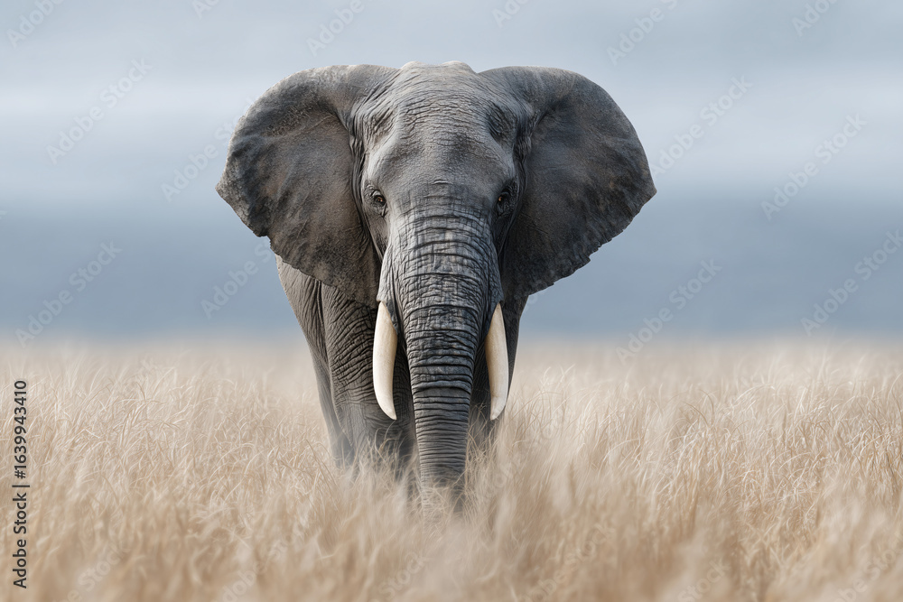 Naklejka premium A majestic elephant standing tall in a grassy plain, with its tusks on display. It's a portrait of strength and wildness