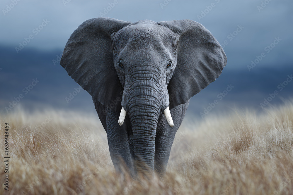 Naklejka premium A majestic elephant stands tall in the savanna, a symbol of strength and grace. Its large ears are spread and ivory tusks gleaming