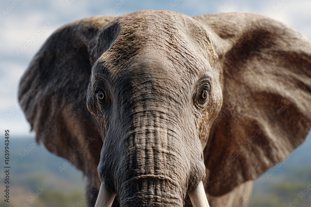 Fototapeta premium Close-up portrait of an elephant, showcasing its wrinkled skin, large ears, and intense gaze