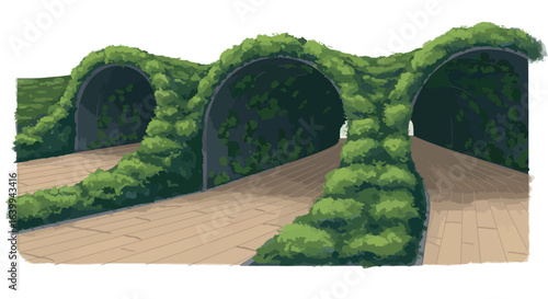 Scenic garden pathway with lush greenery and elegant arches in flat style
