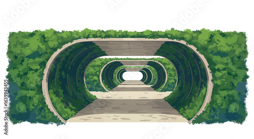 Lush tunnel pathway with green foliage and wooden arches