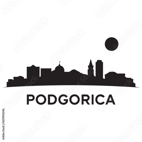 Podgorica skyline silhouette. Landscape Podgorica, Montenegro. Vector illustration. Vector black silhouette. with white background.