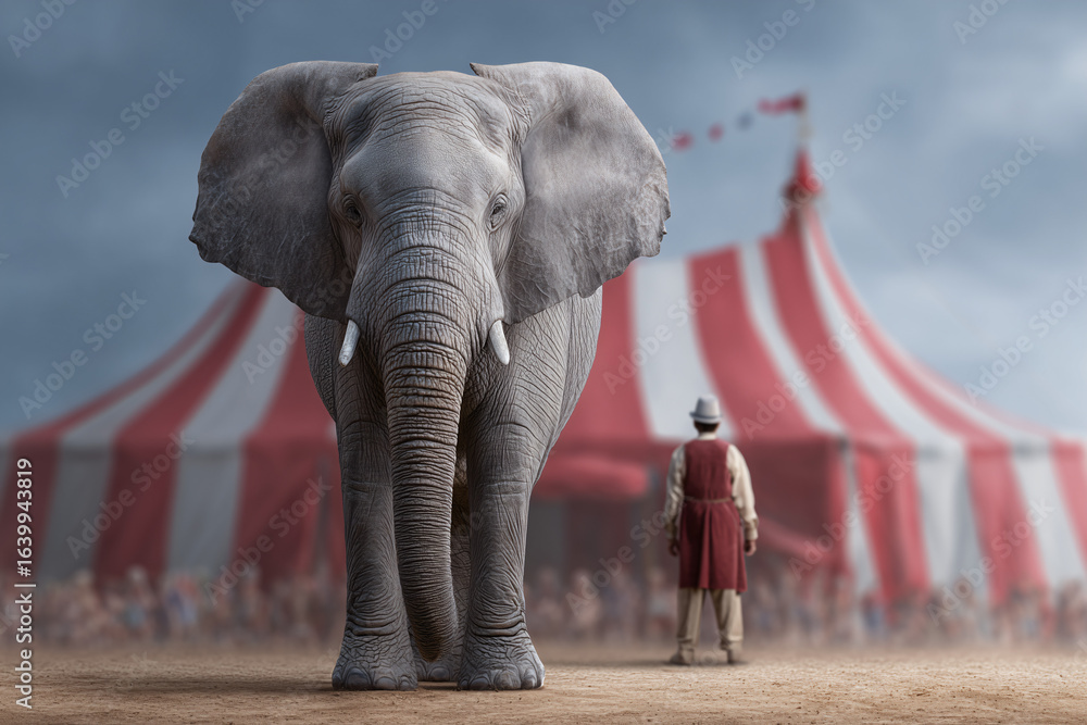 Fototapeta premium A majestic elephant standing proudly in front of a colorful circus tent, and a person. The circus tent adds a playful touch to the scene