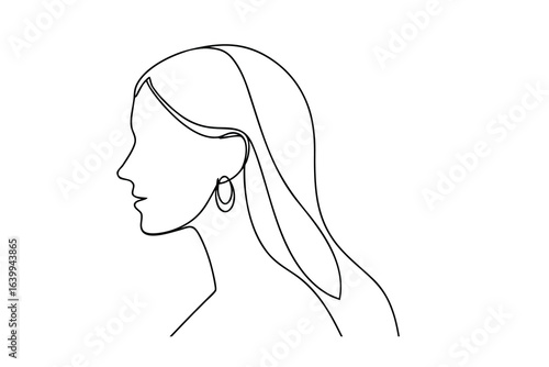 Minimalist single line drawing a woman in profile wearing an earring head face