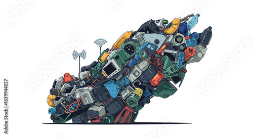 Creative heap of colorful discarded e waste and gadgets with wireless signals