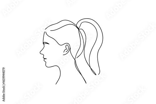 Minimalist continuous line drawing a woman's profile with ponytail head face