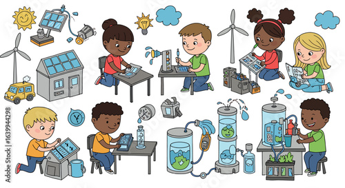 Children learning renewable energy in fun cartoon scenes
