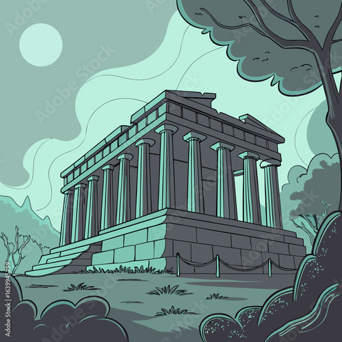 Ancient Temple's Serenity: A stylized illustration captures the grandeur of an ancient temple, the monument stands resolute amidst a tranquil natural setting, under the gentle gaze of the moon.