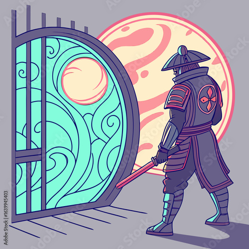 Warrior at the Gateway: A meticulously detailed illustration depicts a stoic warrior standing guard at a stylized gateway, embodying a sense of vigilance and protection.