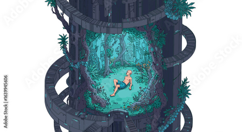 Tranquil resting in a futuristic nature oasis amidst sci-fi architecture