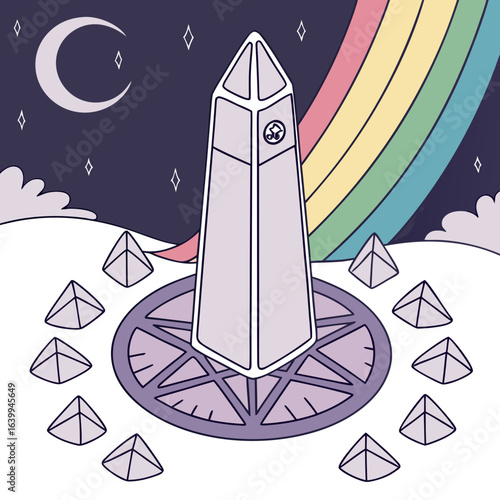 Magical Obelisk with Rainbow: This enchanting illustration shows a prominent obelisk adorned with symbolic detail, embraced by a crescent moon, stars, and a vibrant rainbow in a whimsical setting. 