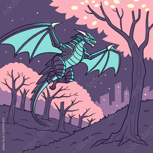 Fantasy Dragon Flight: A magnificent, stylized dragon soars through the twilight sky near blossoming trees, bringing a touch of magic and fantasy.