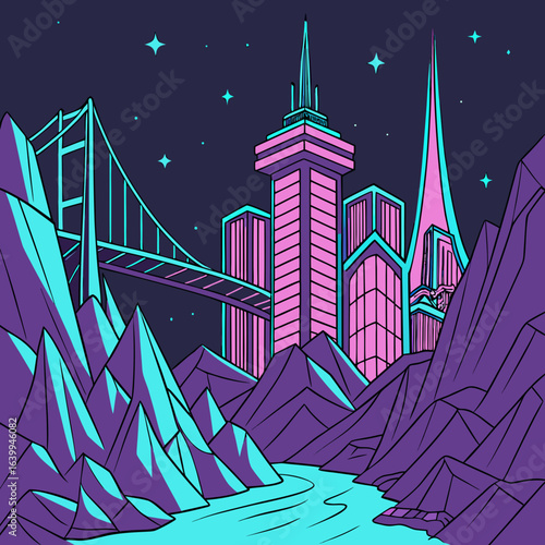 Futuristic Metropolis at Twilight: A dynamic and modern metropolis bathed in cool neon tones under a starlit sky.