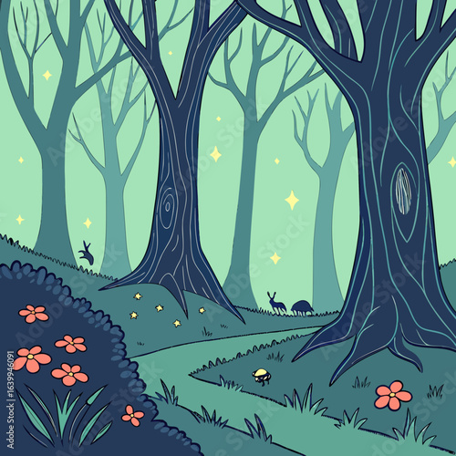 Enchanted Forest Path: A captivating illustration of a whimsical forest path winding through a mystical woodland scene. The trees stand tall, and a sense of magic permeates the air.