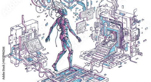 Futuristic cyborg in virtual reality environment with digital network elements