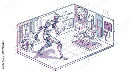 Futuristic robot testing in high tech laboratory environment
