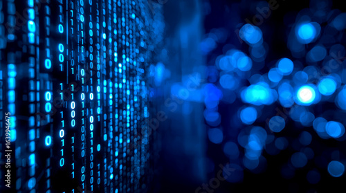 blue digital binary data on computer screen. On the left side, columns of glowing binary code in white and light blue stand out sharply on a dark blue background