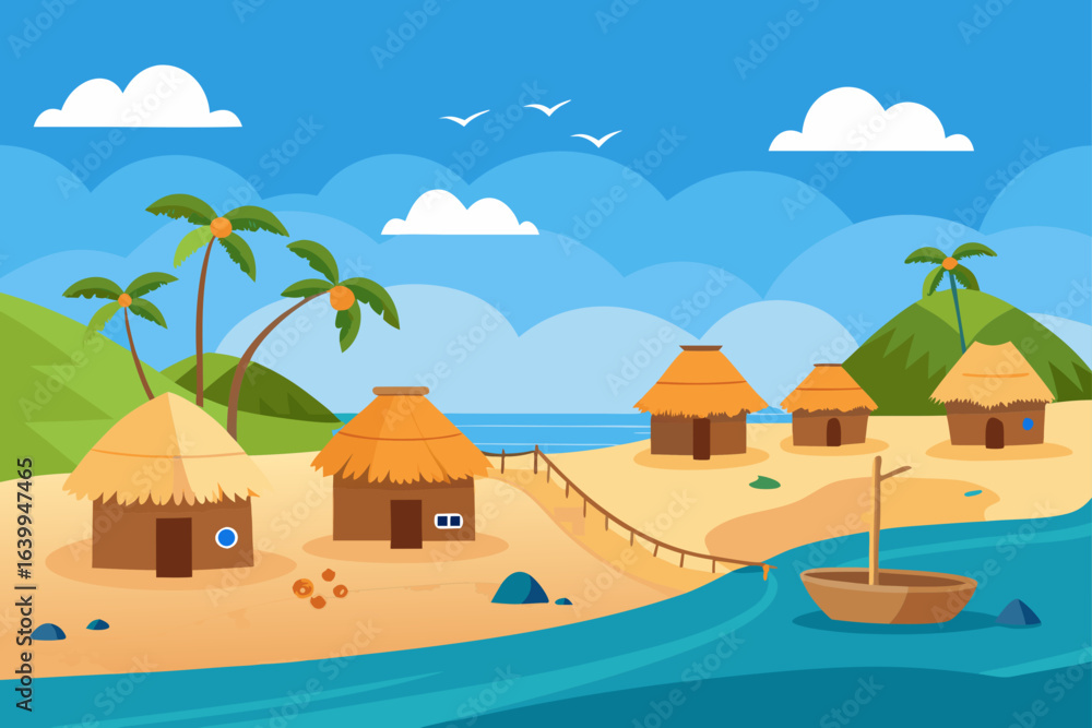 Fototapeta premium A beautiful summer landscape with a tropical island village and beach houses on the sea under a sunny sky