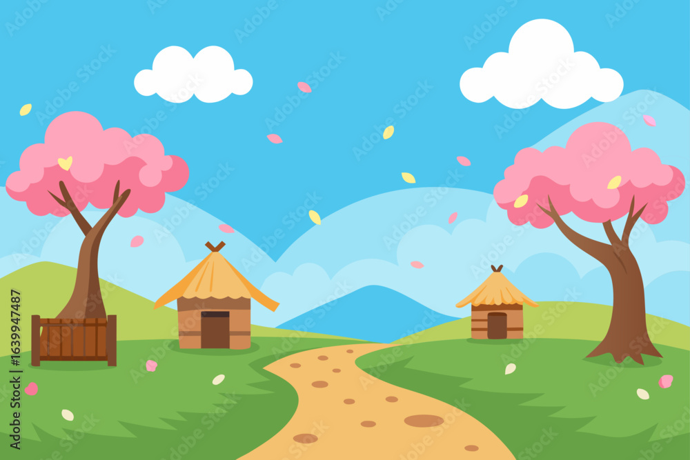Fototapeta premium House on a hill in a rural village landscape with trees, sun, and clouds in a cartoon vector illustration