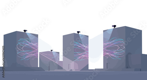 Modern cityscape with futuristic light projections on buildings