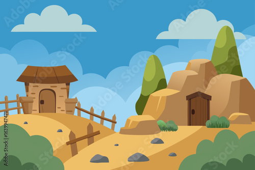 Rural houses and an old castle nestled in a mountainous landscape under a bright summer sky