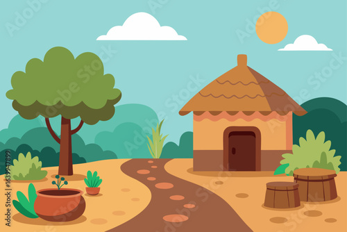 An autumnal forest landscape illustration with a cartoon house and trees under a clear sky