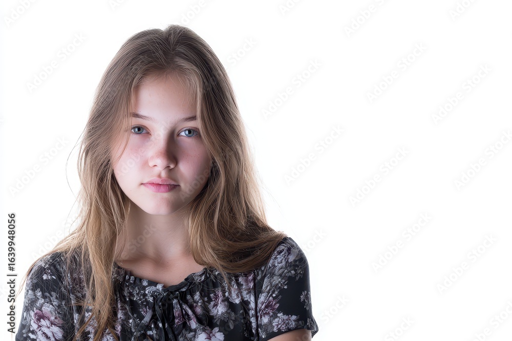 Teen girl alone on white backdrop Teen girl alone on white backdrop