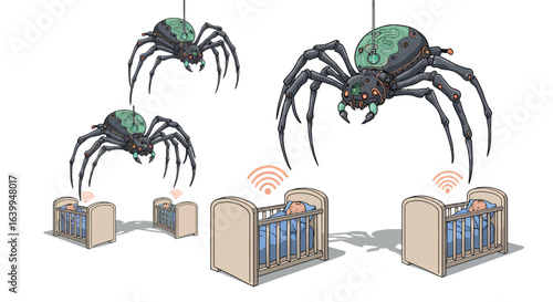 Giant robotic spiders over cribs with baby monitors: a surreal futuristic scene