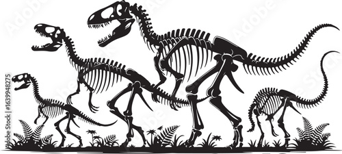 Prehistoric T-rex dinosaur skeleton with bones and skull illustration isolated on white