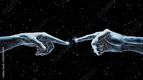 A cosmic illustration depicting two hands reaching toward each other, symbolizing connection and creation.