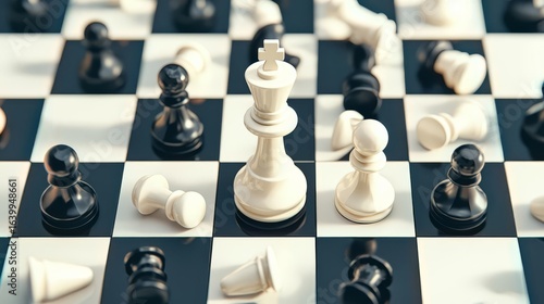 An intense chess game featuring black and white pieces on a classic checkered board, showcasing strategy and skill.