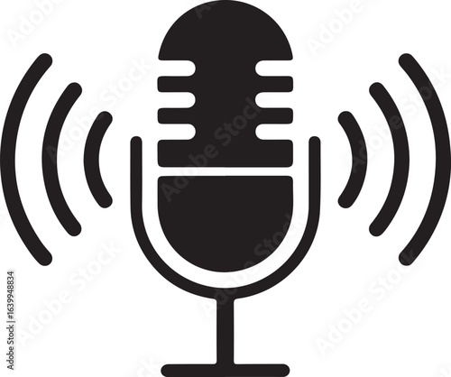 Simple black and white microphone icon showing sound wave emission for communication