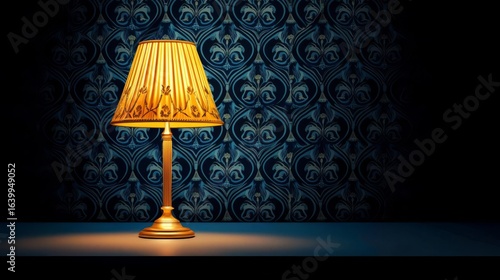 A vintage lamp illuminates a dark room, casting warm light against an elegant patterned wallpaper.