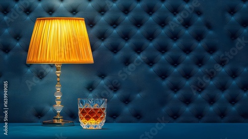 A stylish lamp illuminates a glass of whiskey against a luxurious blue tufted background.