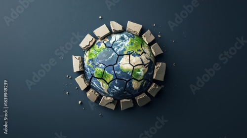 A cracked globe surrounded by stones symbolizes environmental challenges and the urgent need for sustainability.