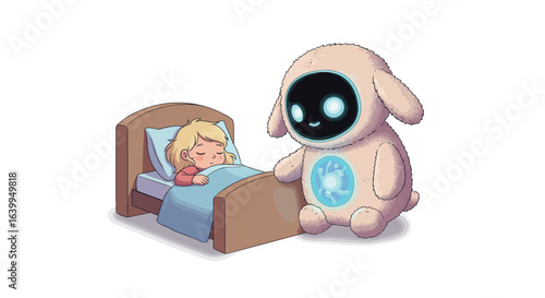 Cute robot guardian: adorable ai protecting sleeping child in futuristic dream scene
