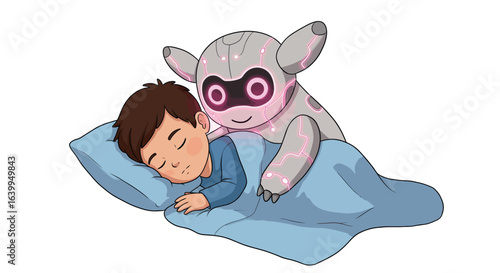Cute robot watching over sleeping child in bed with blue blanket
