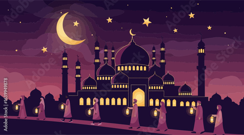 An ornate islamic mosque with glowing lights and minarets under a starry night sky with a crescent moon, as people in traditional robes walk along a path