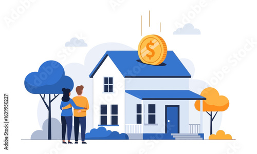 Couple looking at a house with a coin going into a piggy bank on the roof, representing real estate investment and saving for a home