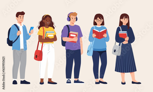 Diverse group of students holding books and using technology, representing education, learning, and the pursuit of knowledge in a modern academic setting