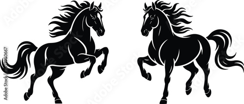 horse silhouette vector, black horse icon, dynamic horse pose, rearing stallion graphic, flowing mane design, equine art illustration, animal power symbol, facing horses image.