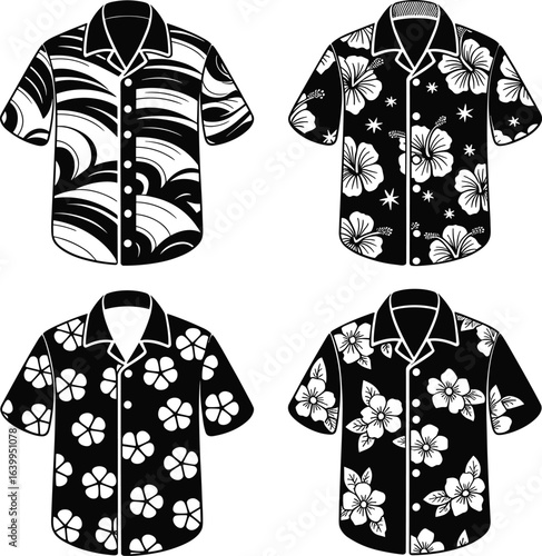 hawaiian shirt vector, floral shirt design, hibiscus flower pattern, wave line shirt, tropical fashion sketch, summer clothing art, casual beachwear graphic, black white shirt illustration.