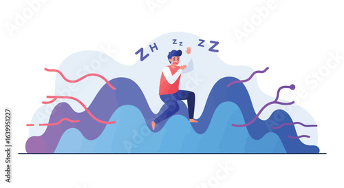Man sleepwalking through abstract dreamscape with colorful waves