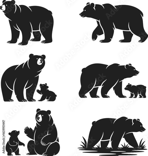 bear silhouette vector, walking bear pose, sitting bear with cub, wildlife animal shapes, nature illustration, black bear family, forest creature art, mammal behavior design.