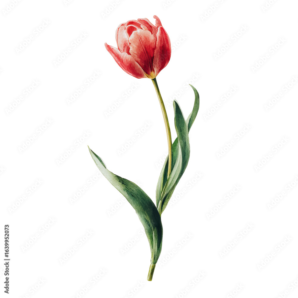 Close-up of a single, vibrant red-pink tulip. Detailed botanical illustration style. Dark green leaves accentuate the bloom Close-up of a single, vibrant red-pink tulip. Detailed botanical illustration style. Dark green leaves accentuate the bloom