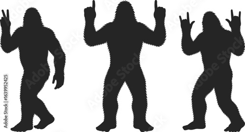 Bigfoot silhouette peace sign, Sasquatch hand gestures, cryptid rock on pose, mysterious creature illustration, forest legend icon, paranormal symbol, mythical beast vector art.