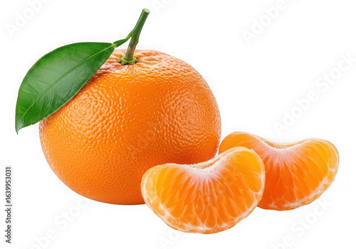 A whole mandarin orange with segments and a leaf isolated on white isolated on transparent background