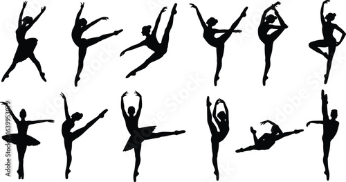 Ballet dancer silhouettes in motion, classical dance poses, elegant choreography, pirouette and arabesque forms, graceful movement, ballet art vector, athletic performance.
